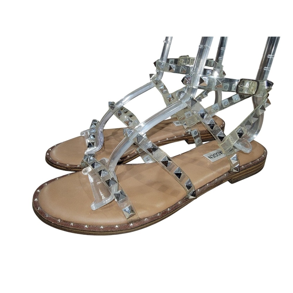 Steve Madden Sandals Womens 8 M Travel Studded Casual Ankle‎ Strappy Flats Brown - Picture 2 of 13